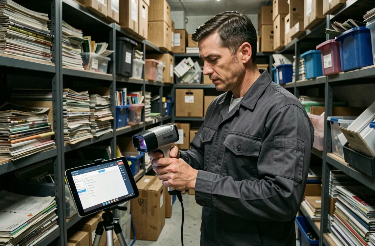 Technicien de Vidéo Débarras 44 effectuant un inventaire vidéo d'une pièce de stockage encombrée