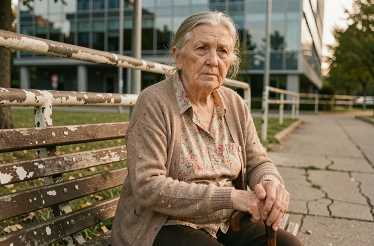 Femme âgée assise seule sur un banc usé dans un parc urbain modeste, illustrant les inégalités liées au vieillissement