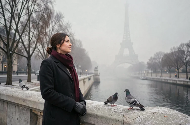 Femme en manteau de laine sur le Pont de l'Alma à Paris en janvier avec la Tour Eiffel dans la brume hivernale