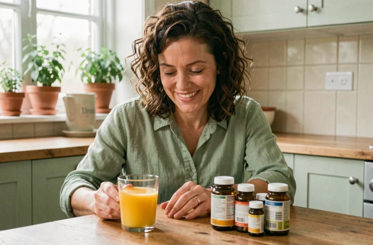 Femme souriante assise à une table en bois avec des vitamines et un verre de jus d'orange, illustrant les bienfaits des vitamines pour le moral