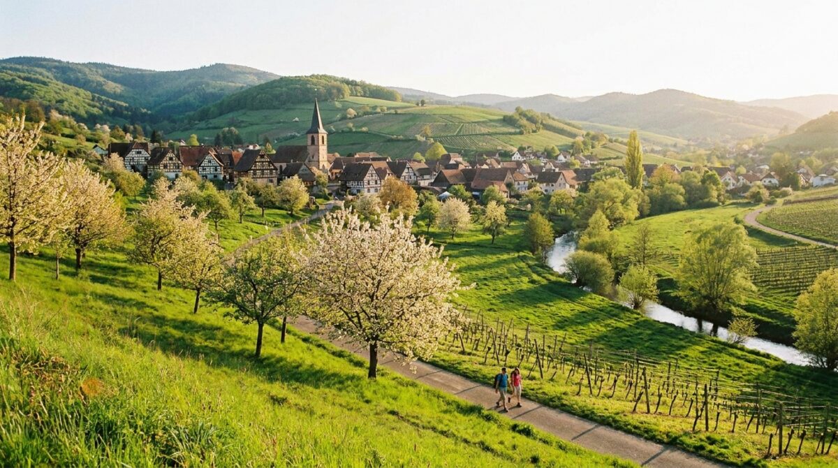 Vue panoramique sur les collines verdoyantes du Soultzerland avec des vergers en fleurs et un petit village alsacien en arrière-plan