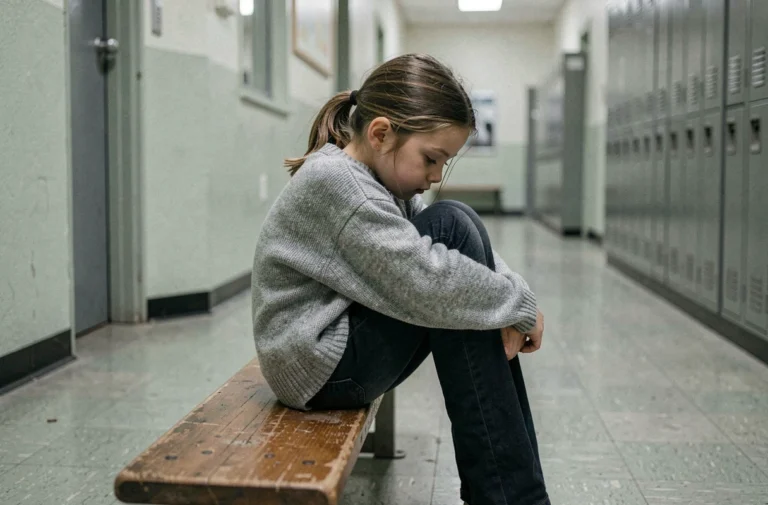 Jeune fille seule dans un couloir scolaire, assise sur un banc en bois, expression mélancolique illustrant la vulnérabilité de l'enfant